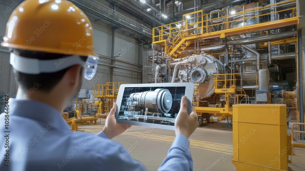 Aufkleber a person using a tablet to visualize machinery in an industrial setting.