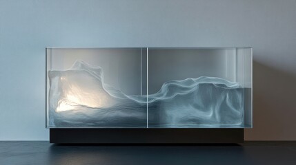 A water cabinet with translucent sliding doors, inside glowing softly, modern and sleek design.