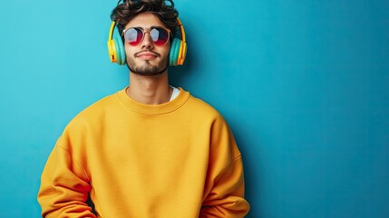 Fototapeta premium Young Indian man in a baggy sweatshirt and large plastic headphones embodies the vibrant 80s and 90s disco vibe. Captivating hipster style captured with ample copy space.