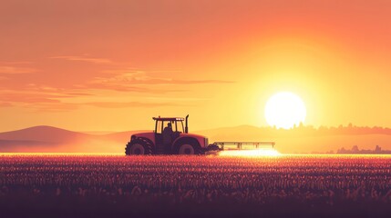 A tractor working in a field during sunset, showcasing agricultural activity.