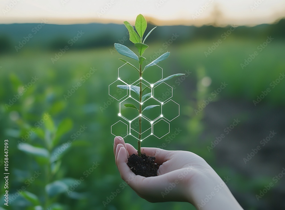 Poster hand holding a small plant with a hexagonal pattern around it, symbolizing growth and innovation.