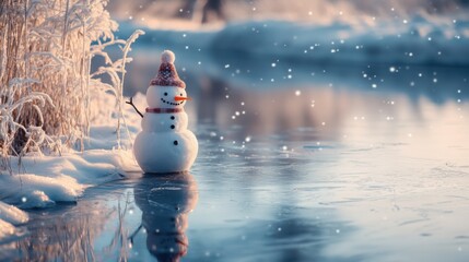 Fototapeta premium A snowman standing next to a frozen lake, with a reflection of the snowman on the ice and copy space above.