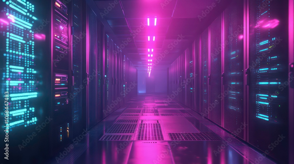 Aufkleber A futuristic data center with glowing lights and server racks.