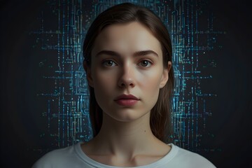 Artificial Intelligence Woman Portrait with Futuristic Digital Background