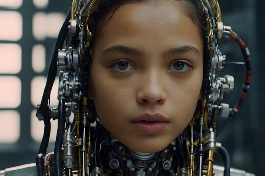 Young Cyborg Girl with Futuristic Mechanical Interface