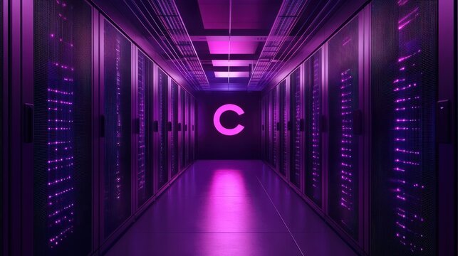 C Sharp sign and server room background. c# programming concept. Coding language, Software development. Learning C Sharp, training, computer courses, Web banner.