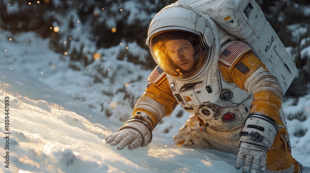 Poster astronaut traversing a snowy landscape in a space suit.
