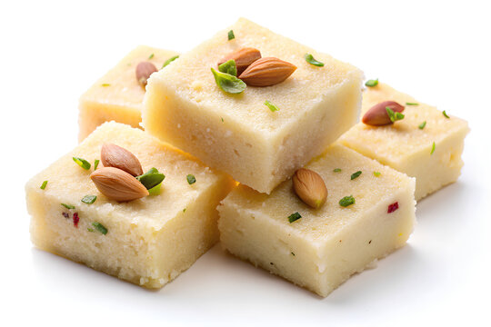 Rava barfi or sooji burfi or barfee isolated on white background