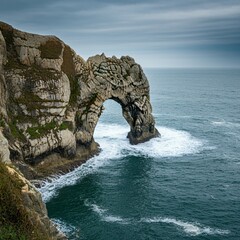 Majestic rocky arch along a coastal cliff with waves crashing below