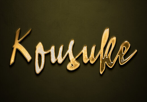 Old gold text effect of Japanese name Kousuke with 3D glossy style Mockup.