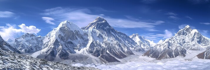 Majestic Winter Wonderland: Panoramic View of Snow-Covered Mountain Range under Clear Skies | Ultra-Detailed Scenery Photo