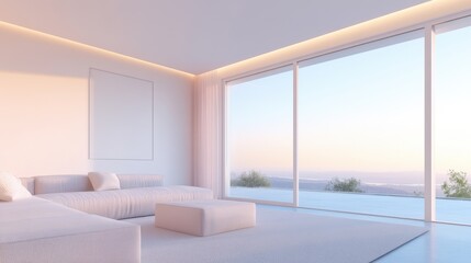 Obraz premium A large, open living room with a white couch and a white ottoman