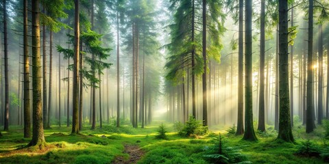 High-resolution image of a serene forest with tall trees and a misty atmosphere, perfect for nature lovers, forest landscape, calm, mist, woods