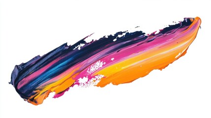 A bold brush stroke of acrylic paint with bright, mixed colors, isolated on a clean white background, perfect for design use