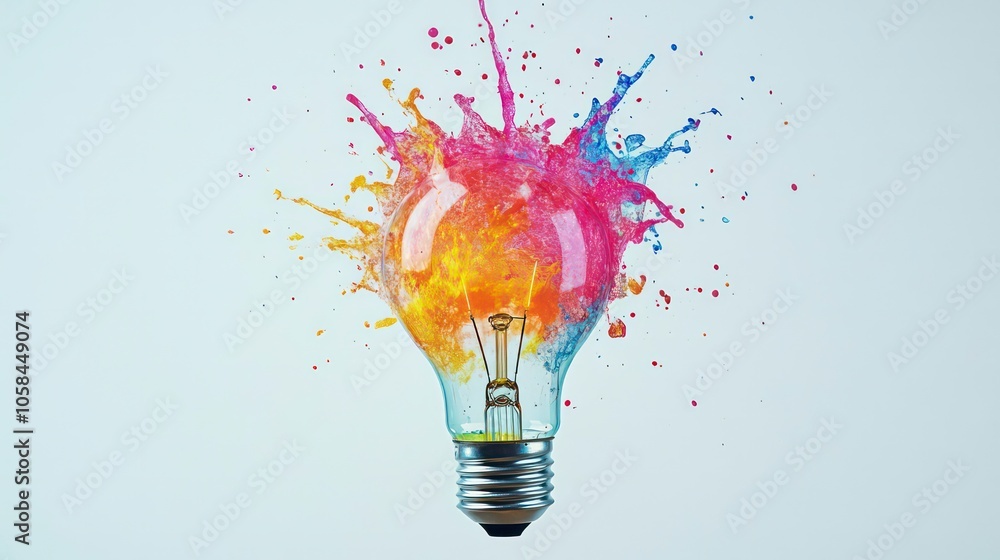Poster a light bulb surrounded by vibrant splashes of color, symbolizing creativity and ideas.