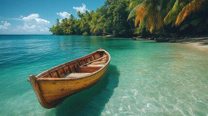 A serene beach scene with a wooden boat on clear turquoise water.