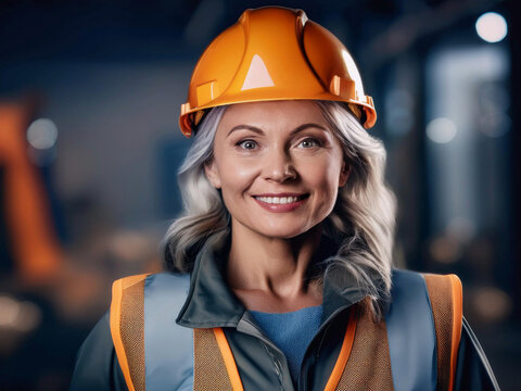 trabajador operador sonriente con casco de seguridad y chaleco reflectivo naranja sobre fondo industrial, trabajador feliz con ropa de seguridad industrial, generado con ia, alta resoluci&oacute;n