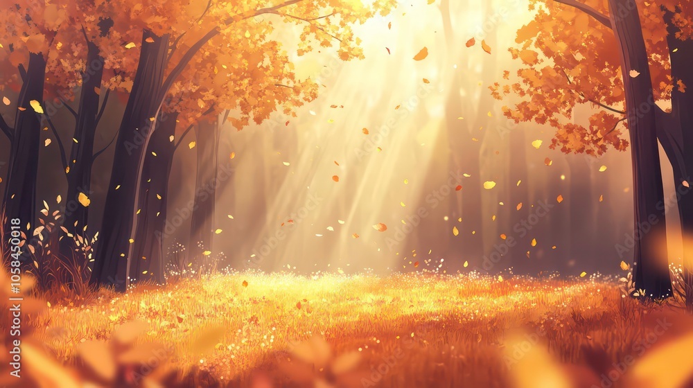 Poster A serene autumn forest with golden leaves and soft sunlight filtering through the trees.