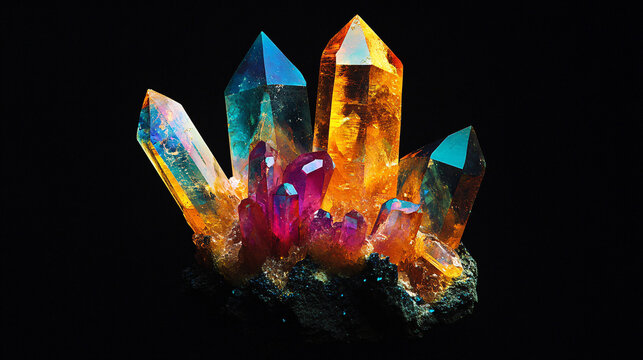 colorful gemstone crystal cluster on black background  closeup macro photography still life