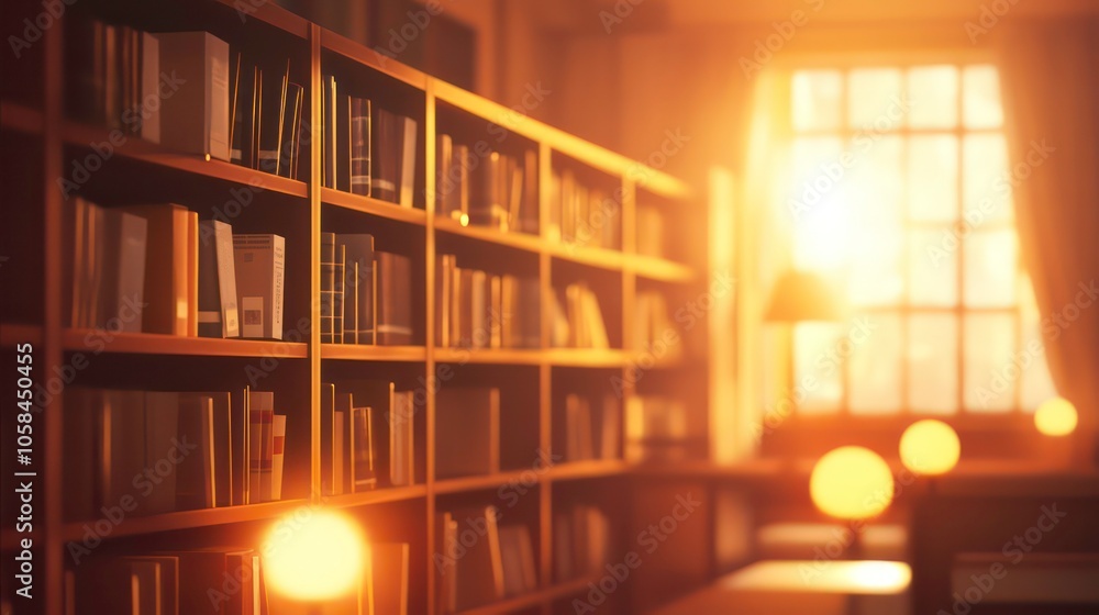 Aufkleber A serene library scene with bookshelves and soft sunlight filtering through a window.