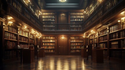 Fototapeta premium Dreamy library interior with soft focus bookshelves stretching into infinity, warm ambient lighting creating a scholarly atmosphere of timeless knowledge.