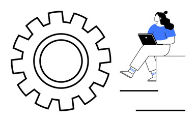 Woman sitting with a laptop next to a large gear symbol, signifying technology, productivity, and innovation. Ideal for business, technology, productivity, education, remote work, tech development