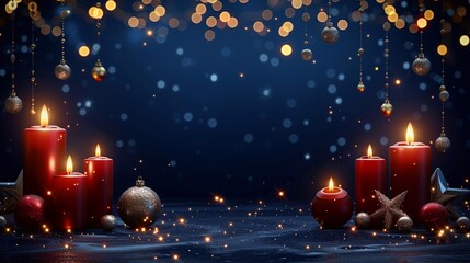 Christmas decoration with text Merry Cristmas, light red candle. Romantic festive holiday evening. Feliz Navidat. Merry Christmas and Happy New Year