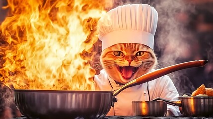 An experienced chef demonstrating the art of flambe cooking, as flames leap from the pan with a dramatic flair, adding an element of excitement and spectacle to the culinary process.