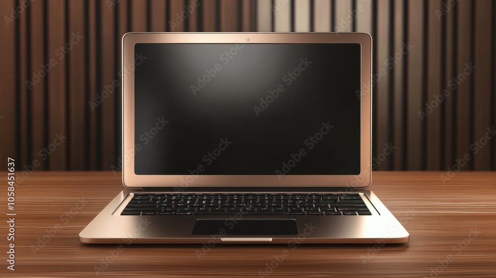 Poster laptop computer on wooden table with empty screen.
