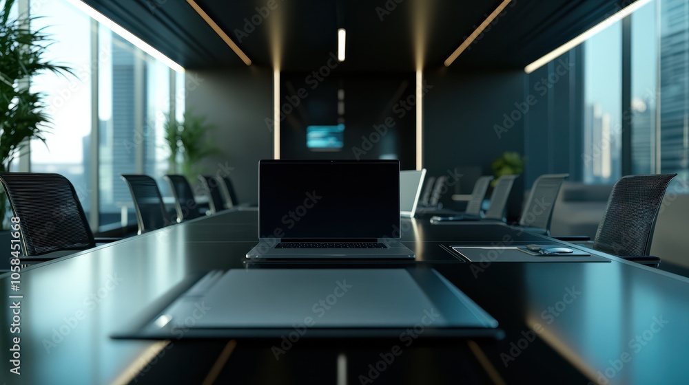 Poster laptop computer with opened lid on table in meeting room of office workspace.
