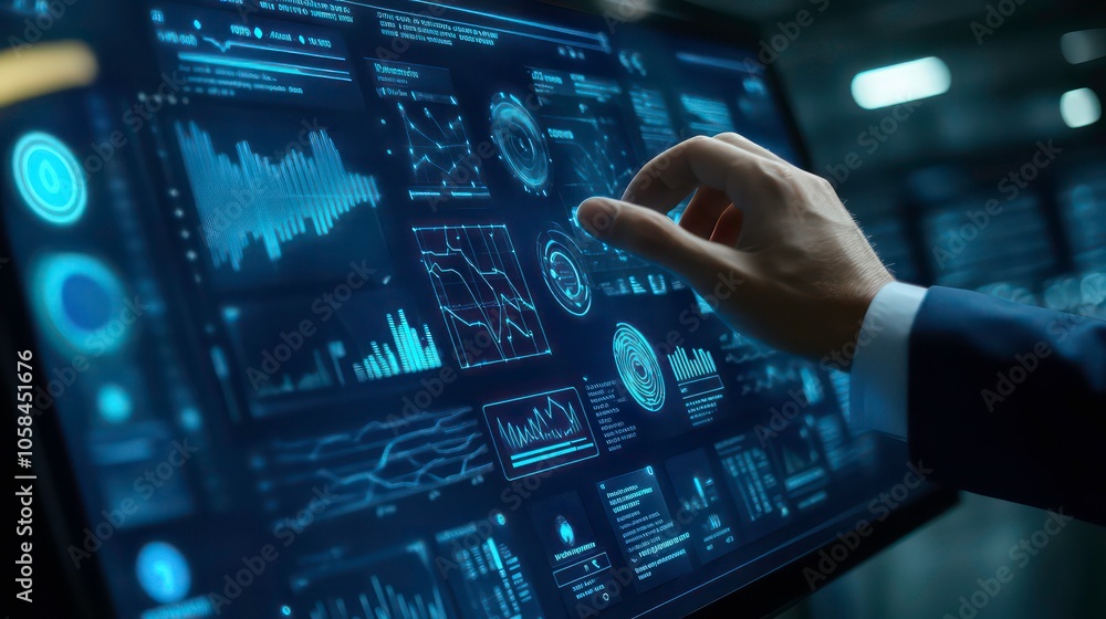 Aufkleber A hand interacts with a digital display showcasing data visualizations and analytics.