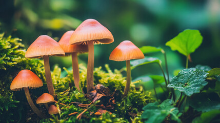 Fototapeta premium close up of orange mushrooms growing in lush green forest with moody lighting