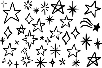 Star doodle, ink sparkles, hand drawn burst illustration set, black line art design collection, isolated