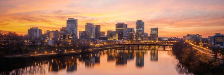 Fototapeta premium Majestic Cityscape at Sunset with Vibrant Skyline and River Reflections