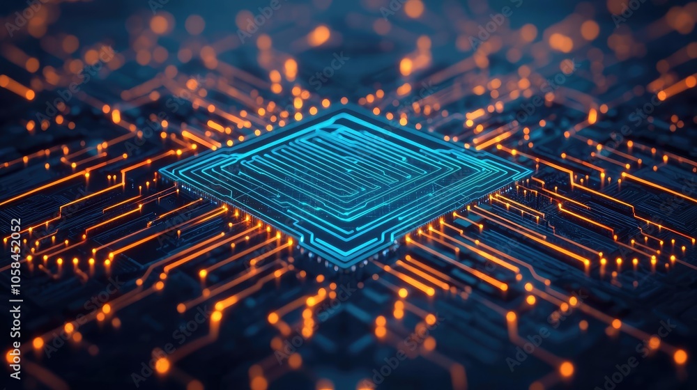 Poster futuristic microchip design with glowing connections on a dark background.
