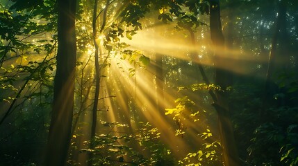 A dense forest with sunlight breaking through the canopy, casting golden light on the ground.