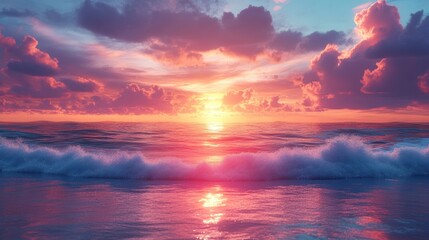 Fototapeta premium Serene sunset over ocean waves with vibrant colors.