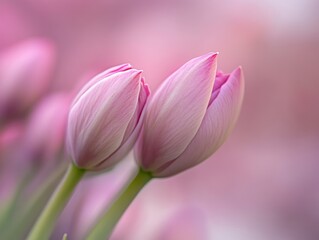 Naklejka premium Two pink tulips gently touching, set against a soft, blurred pink background.