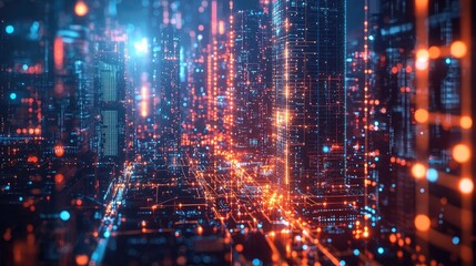Obraz premium Futuristic digital cityscape with glowing lights and data streams, abstract background.