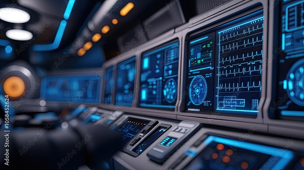 Poster futuristic control panel with advanced screens and sleek design elements.