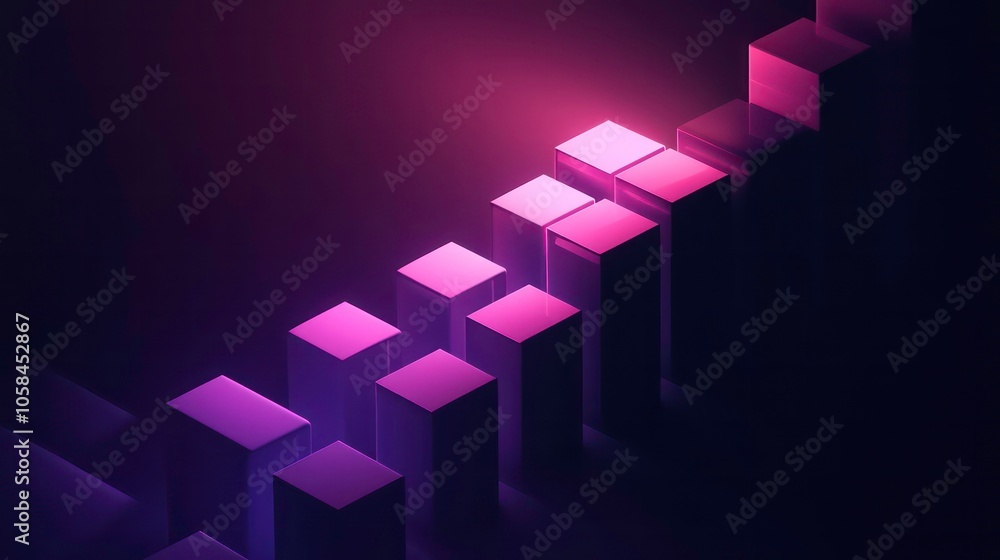 Poster Abstract geometric design featuring illuminated blocks in gradient shades of purple.