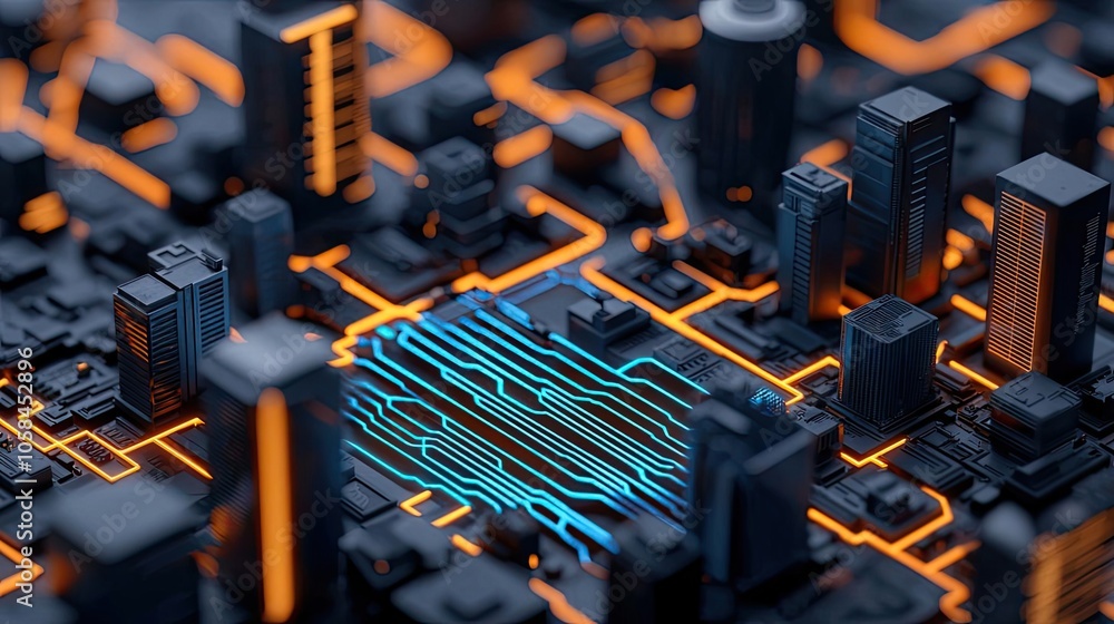 Poster futuristic cityscape with circuit patterns and glowing lines, abstract digital view.