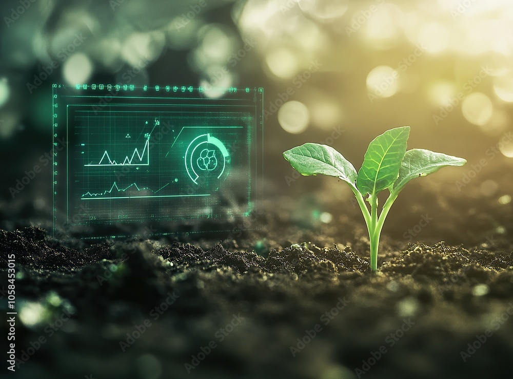 Poster a small green sprout growing from the earth, with a digital interface showing a graph and other data