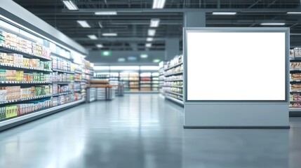 Fototapeta premium A spacious supermarket aisle with empty shelves and a blank advertising board.