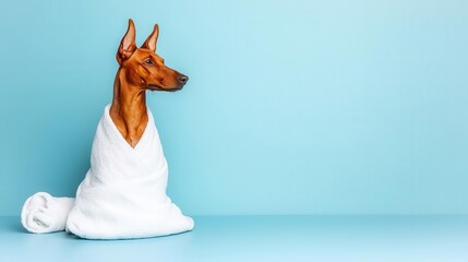 A stylish dog wrapped in a cozy white towel sits against a calming blue background, embodying relaxation and comfort.