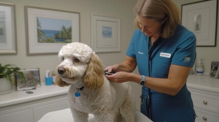 A veterinarian examines a dog in a caring, professional setting, highlighting the bond between pets and their health providers.