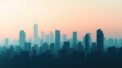 Fototapeta premium City skyline with tall buildings under hazy sky, showcasing urban architecture and serene atmosphere. silhouette creates tranquil yet vibrant cityscape
