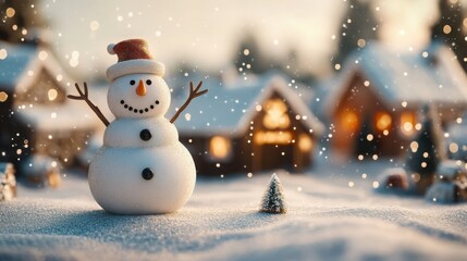 Fototapeta premium A snowman with stick arms waving, with a small village in the background and ample space for copy on the right.