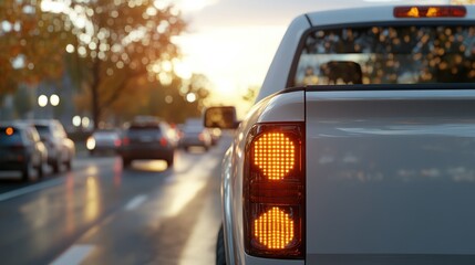 Naklejka premium Rear side of white pickup car on the aspahlt road. Transtport of car turn on brake light in the business time environment of moring time. Traffic congestion and queues of cars.