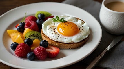 Breakfast of poached eggs and fruit.